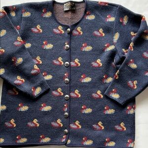 Women's Duck Pattern Cardigan Sweater Vitabella Norway Wool size XL